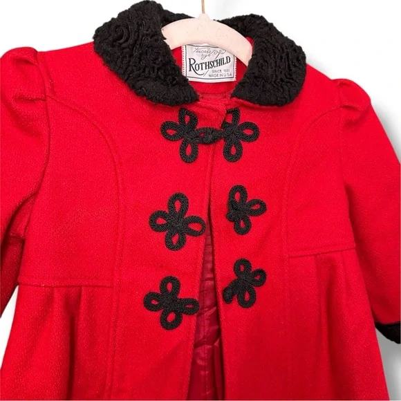 Rothschild Red Pea Coat for Girls with Black Details